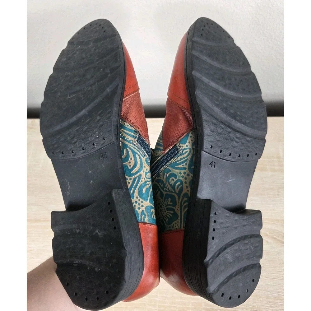 Socofy Bohemian Leather Ankle Boots Orange Red Teal Floral Side Zip Women's...